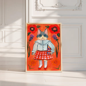English Schoolgirl Cat cat art print by Caya Crum — neutral frame room mockup