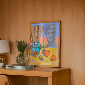 Vienna Sausage Picnic Greco Roman art print by Caya Crum — framed in a wood-accent room
