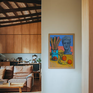 Vienna Sausage Picnic Greco Roman art print by Caya Crum — framed in a wood-accent room