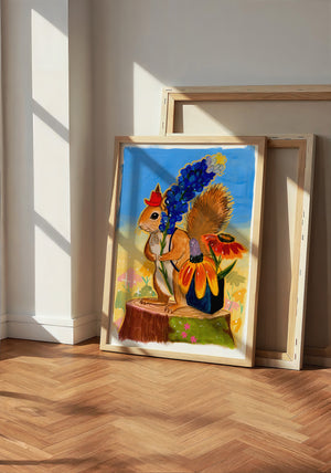 Ms. Squirrel in the Bluebonnets squirrel art print by Caya Crum — neutral frame room mockup