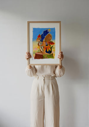 Ms. Squirrel in the Bluebonnets squirrel art print by Caya Crum — framed with velvet mat