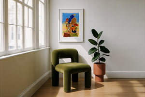 Ms. Squirrel in the Bluebonnets squirrel art print by Caya Crum — framed with velvet mat