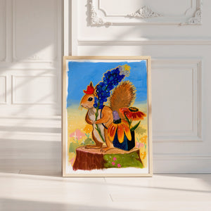 Ms. Squirrel in the Bluebonnets squirrel art print by Caya Crum — neutral frame room mockup