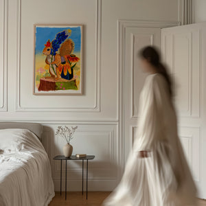 Ms. Squirrel in the Bluebonnets squirrel art print by Caya Crum — framed vertical room scene