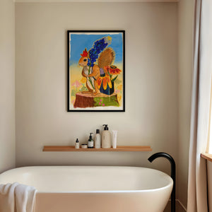 Ms. Squirrel in the Bluebonnets squirrel art print by Caya Crum — framed vertical room scene