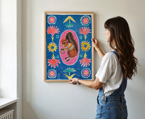 Ms. Squirrel & Purse squirrel art print by Caya Crum — framed vertical room scene
