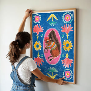 Ms. Squirrel & Purse squirrel art print by Caya Crum — framed vertical room scene