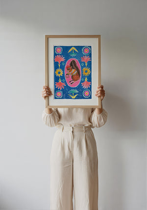 Ms. Squirrel & Purse squirrel art print by Caya Crum — framed with velvet mat