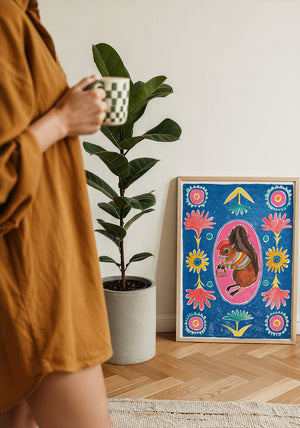 Ms. Squirrel & Purse squirrel art print by Caya Crum — framed with velvet mat