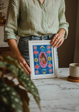 Ms. Squirrel & Purse squirrel art print by Caya Crum — neutral frame room mockup