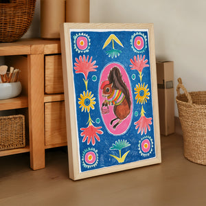 Ms. Squirrel & Purse squirrel art print by Caya Crum — framed vertical room scene