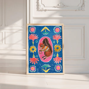 Ms. Squirrel & Purse squirrel art print by Caya Crum — neutral frame room mockup