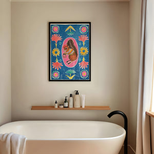 Ms. Squirrel & Purse squirrel art print by Caya Crum — framed vertical room scene