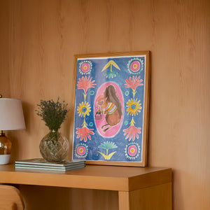 Ms. Squirrel & Purse squirrel art print by Caya Crum — framed in a wood-accent room