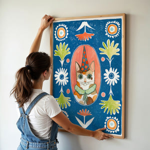 Party Cat Poppett cat art print by Caya Crum — framed vertical room scene