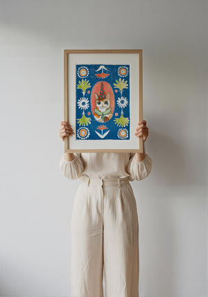 Party Cat Poppett cat art print by Caya Crum — framed with velvet mat