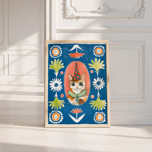 Party Cat Poppett cat art print by Caya Crum — neutral frame room mockup