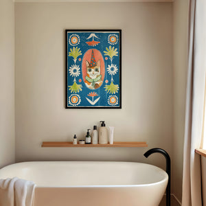 Party Cat Poppett cat art print by Caya Crum — framed vertical room scene