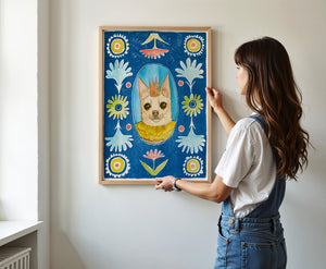 Chip the Party Dog Poppett dog art print by Caya Crum — framed vertical room scene