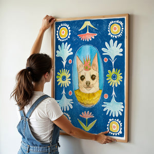 Chip the Party Dog Poppett dog art print by Caya Crum — framed vertical room scene