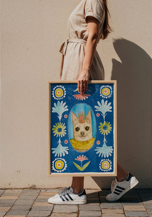 Chip the Party Dog Poppett dog art print by Caya Crum — framed with velvet mat