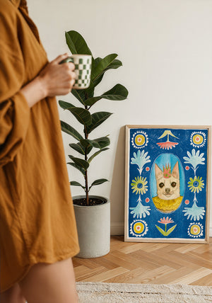 Chip the Party Dog Poppett dog art print by Caya Crum — framed with velvet mat
