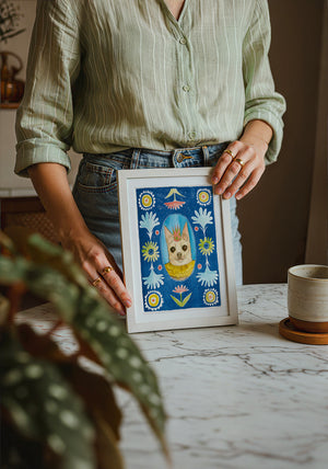 Chip the Party Dog Poppett dog art print by Caya Crum — neutral frame room mockup