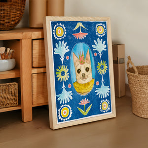Chip the Party Dog Poppett dog art print by Caya Crum — framed vertical room scene