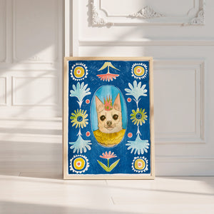 Chip the Party Dog Poppett dog art print by Caya Crum — neutral frame room mockup