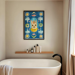 Chip the Party Dog Poppett dog art print by Caya Crum — framed vertical room scene