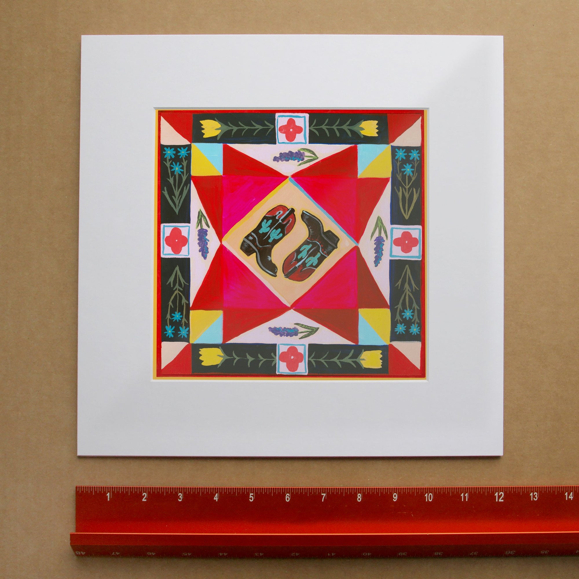 Cowboy Boots Quilt Square Texas art print by Caya Crum — framed room mockup