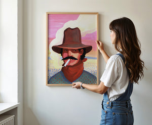 Smoking Cowboy cowboy art print by Caya Crum — framed vertical room scene