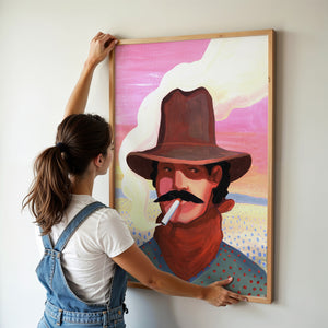 Smoking Cowboy cowboy art print by Caya Crum — framed vertical room scene