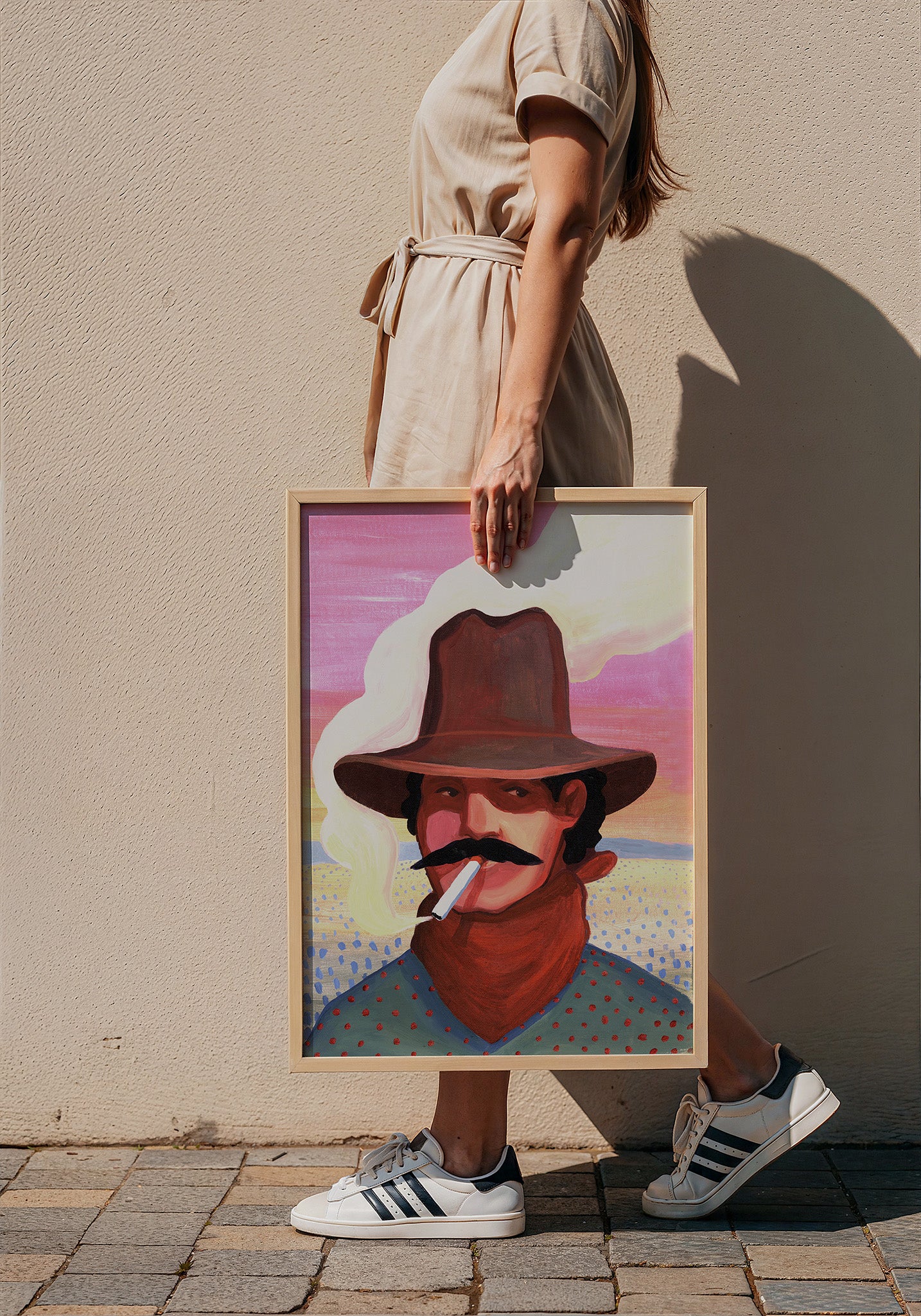 Smoking Cowboy cowboy art print by Caya Crum — framed with velvet mat