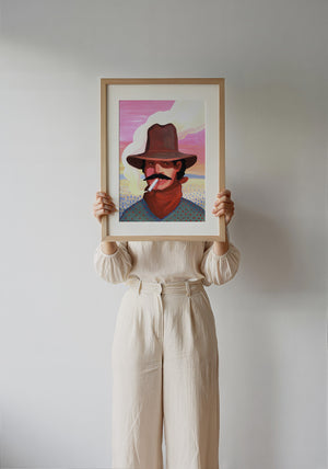 Smoking Cowboy cowboy art print by Caya Crum — framed with velvet mat
