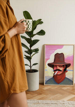 Smoking Cowboy cowboy art print by Caya Crum — framed with velvet mat
