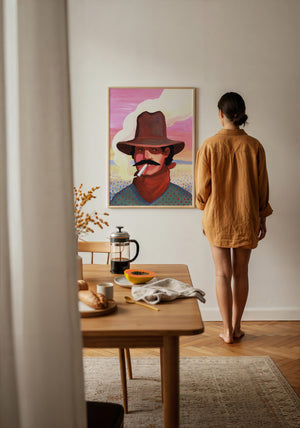 Smoking Cowboy cowboy art print by Caya Crum — framed with velvet mat