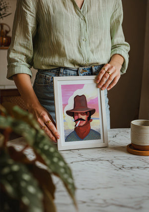 Smoking Cowboy cowboy art print by Caya Crum — neutral frame room mockup
