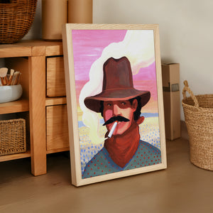Smoking Cowboy cowboy art print by Caya Crum — framed vertical room scene
