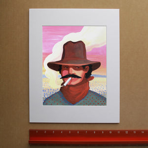 Smoking Cowboy cowboy art print by Caya Crum — framed vertical room scene