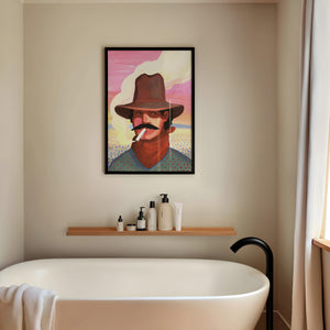 Smoking Cowboy cowboy art print by Caya Crum — framed vertical room scene