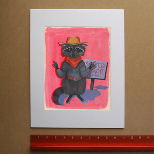 Raccoon Bandit western print by Caya Crum, hand-signed vertical fine art print