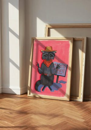 Raccoon Bandit weirdcore art print by Caya Crum — neutral frame room mockup