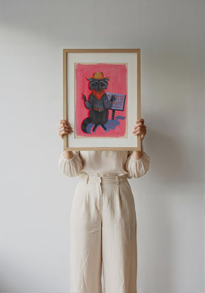 Raccoon Bandit weirdcore art print by Caya Crum — framed with velvet mat