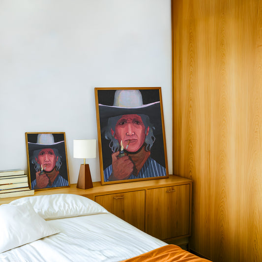 Jimmy James cowboy art print by Caya Crum — framed in a wood-accent room