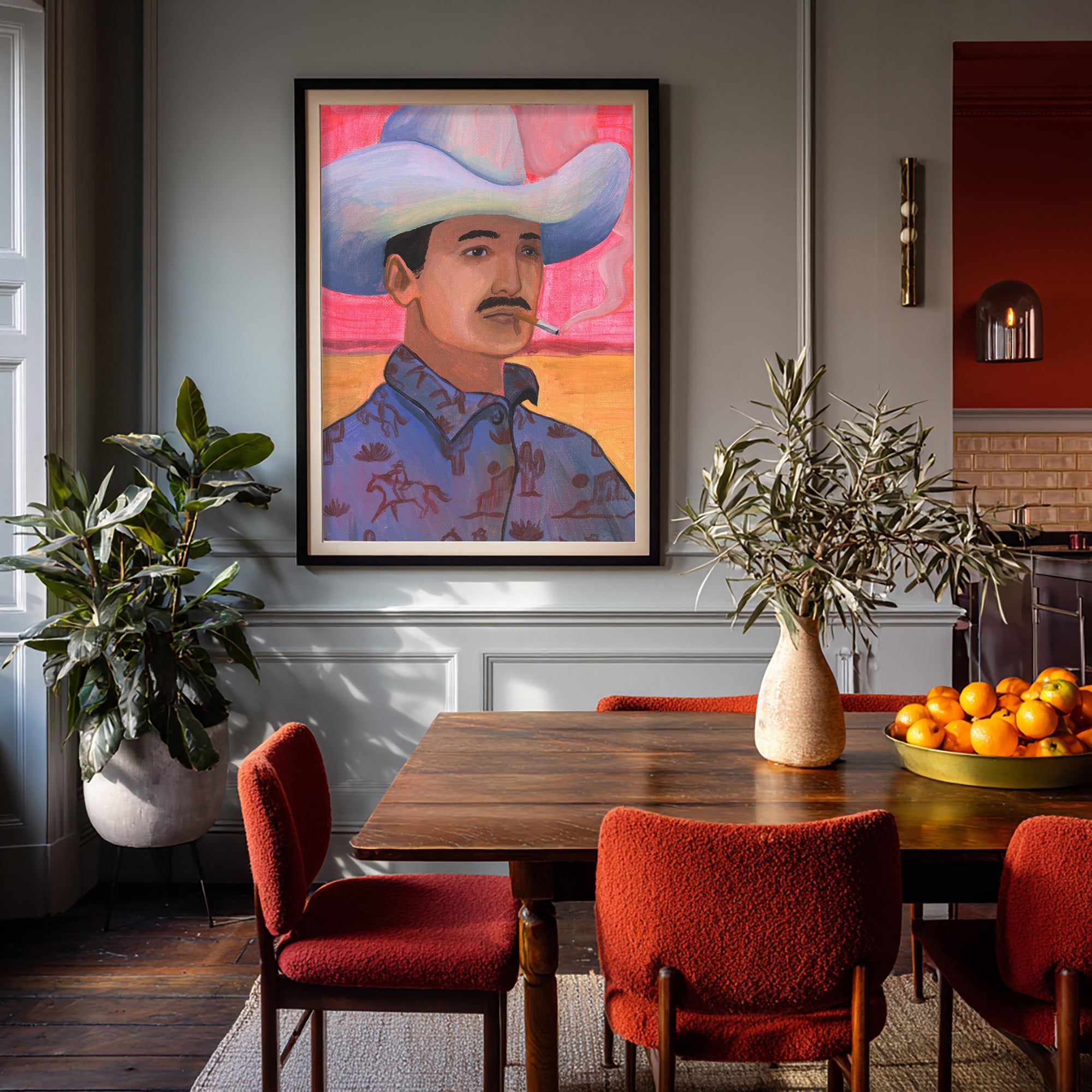 Cowboy wall art print Jesse by Caya Crum framed in a dining room