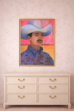 Smoking cowboy art print Jesse by Caya Crum styled above a dresser