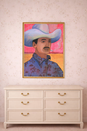 Maverick toile cowboy art print by Caya Crum styled above a dresser
