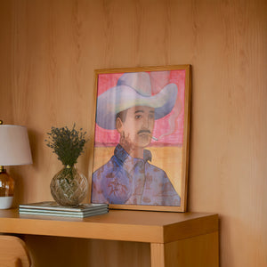 Maverick toile cowboy art print by Caya Crum in a warm wood-panelled room