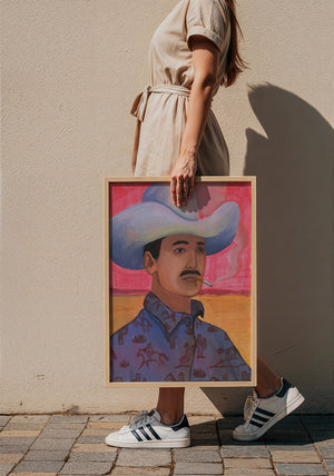 Jesse cowboy art print by Caya Crum — framed with velvet mat